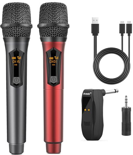 Aveek Microfonos Inalambricos, Micrófono Inalámbrico Profesional Recargable con Receptor 2.4GHz Dual Wireless Microphone para Karaoke Canto, Discurso, Boda, Iglesia, Gris y Rojo, 2 Piezas