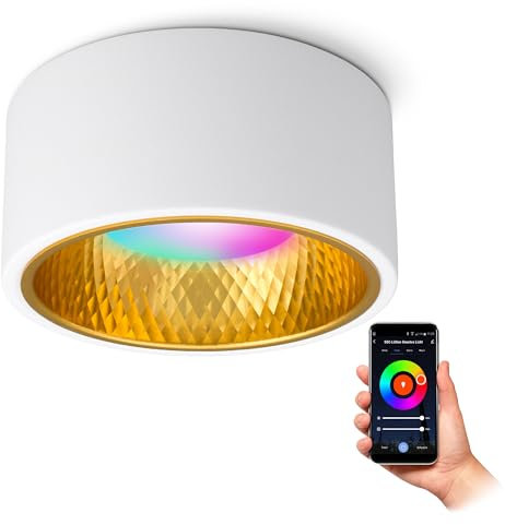 SSC-LUXon OLINO Aufbaustrahler weiß gold mit LED Lampe kompatibel mit Alexa, Siri & Google - Spot flach mit Smart LED RGB+W GX53