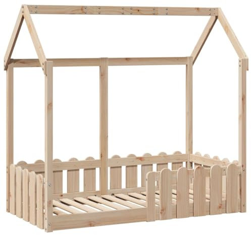 vidaXL Kinderbett, Bodenbett mit Rausfallschutz Lattenrost, Hausbett für Jungen Mädchen, Holzbett Bett Kinderzimmer, 70x140cm Massivholz Kiefer