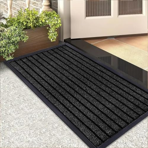 Rugs Inn Rubber Door Mat Outdoor - Heavy Duty Floor Matts for Front Door Waterproof and Washable Anti Slip Strong PVC Backing Mats for Kitchen, Entrance (Black, 50 x 90 cm)