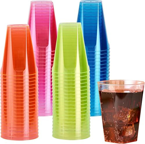 MATANA 40 Vasos de Plástico Duro de Colores (Neón, 210ml) - Reactiva a los Rayos UV - Cumpleaños, Fiestas Infantiles, Bodas, Navidad, Fiestas de Barbacoa - Resistentes y Reutilizables