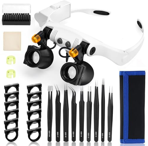 CHRI Lupenbrille mit Licht Head Lupen mit LED-Licht max. 25-fache Vergrößerung mit 14 Linsen (3X-15X) Kopfband-Lupe mit ESD-Pinzette zum Basteluhren Reparatur Schmuck Hobbys