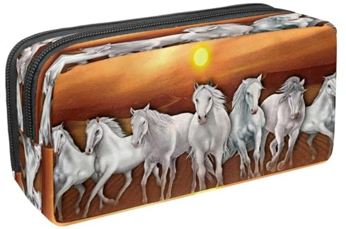 VAPOKF Trousse à crayons avec fermeture éclair pour garçons et filles, fournitures scolaires et de bureau, crâne fendu grunge, Peinture à l'huile Chevaux Gallop sur coucher du soleil,
