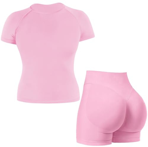 JN JANPRINT Seamless Gym Sets for Women 2 Piece Shorts Sleeve Top Hidden Scrunch Shorts Yoga Outfits Tracksuit