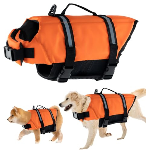 Gilet de Sauvetage pour Chiens, FainFun Gilets de Sécurité pour Chiens Orange, pour Grande Taille und Petit Chien, avec Bandes Réfléchissantes/Ceinture Réglable (Orange, S)