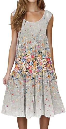 Cihdmfb Vestido de verano para mujer, vintage, estampado de flores, vestido de tirantes, escote en U, sin mangas, vestido midi de gran tamaño, largo hasta la rodilla, vestido de blusa, elegante