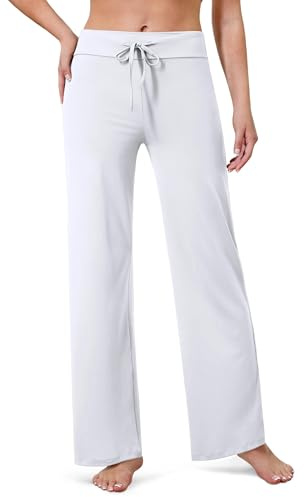 VALANDY Creamlush breda ben byxor kvinna dragsko pyjamas loungebyxor lösa bekväma nattkläder vardaglig yoga, Vitt, S