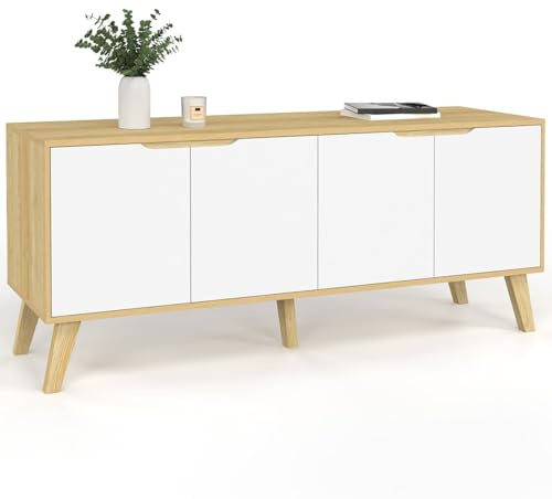 IDMarket - Buffet Bas scandinave 140 cm FINN 4 Portes Blanc et Bois façon hêtre