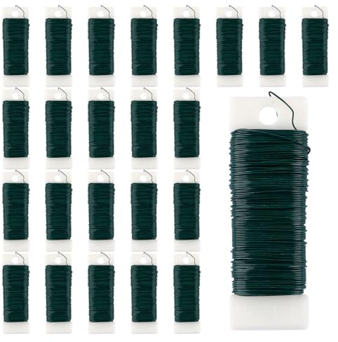 LDXDRU Alambre para flores de 24 unidades, color verde, 35 m, 0,7 mm, enrollable, suelto en bobinas de madera, juego de alambre para fijar flores y plantas, alambre para manualidades, alambre para
