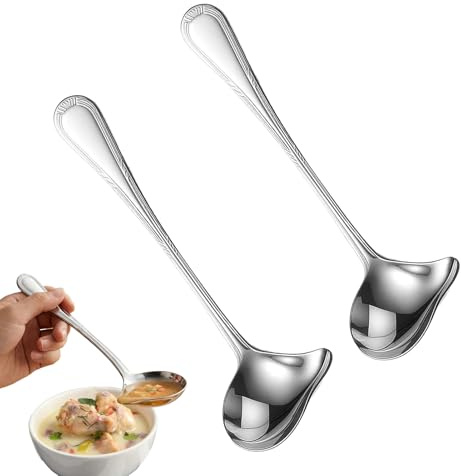 Cucchiaio da salsa, 2 pezzi in acciaio inox, 20,5 cm, cucchiaio da salsa, piccolo salsa con beccuccio, beccuccio e occhiello per appendere, lavabile in lavastoviglie per salsa zuppa e cucina