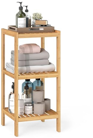 SONGMICS Bambuhylla, Badrumshylla med 3 Hyllplan, 33 x 33 x 79,5 cm | Förvaringshylla för Badrum, Hall och Vardagsrum, Ljus Bambu, BAMBOU Kollektion BCB053YL01
