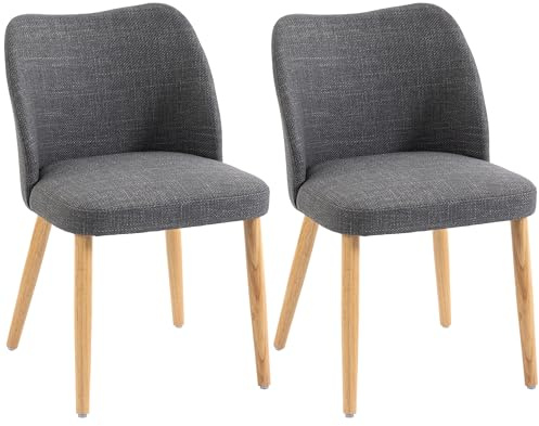 HOMCOM Pack de 2 Sillas de Comedor Tapizadas de Lino Gris Claro | Sillas de Cocina Nórdicas, Respaldo Curvo, Asiento Acolchado, Patas de Madera
