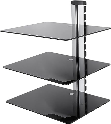 mahara Black Glass Floating Shelves - Three Tier Shelf Unit with Tempered Glass and Silver Cable Management - For TV,AV & Gaming - 38cm x 28cm - 10Kg Max