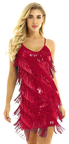 Freebily Vestido de Baile Latino para Mujer Vestido Clásica Tango con Lentejuelas Brillante y Flecos Vestido Baile Sexy Fiesta Carnaval Mujer Rojo One Size