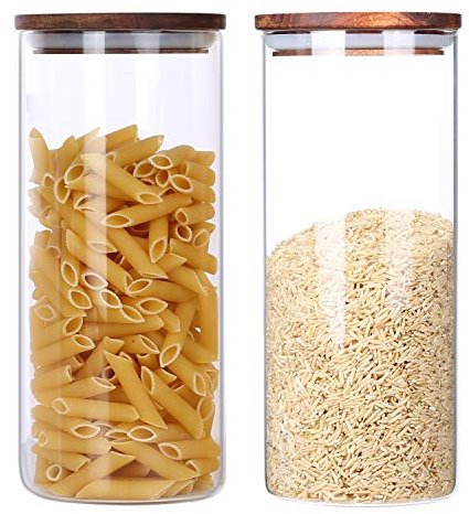 KKC Kaffeedose Luftdicht Durchsichtig - Müslidose Glas Vorratsdosen mit Holzdeckel - Vorratsgläser für Kaffeebohnen, Mehl, Zucker, Losen tee, Haferflocken Aufbewahrung - 2er Set Müsli Dose 1450ml