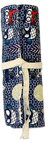 Rollmäppchen für Buntstifte – Eule blau 36 Federmäppchen Stifterolle Mäppchen Federmäppchen zum rollen – Schlamperrolle Pinselrolle aus Canvas und Baumwolle – Ideal für Reisen, Schule, Büro, Kunst