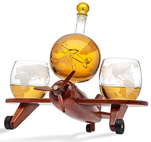 Godinger Whiskey Decanter Airplane Globe Set with 2 World Whiskey Glasses - for Liquor Scotch Bourbon Vodka