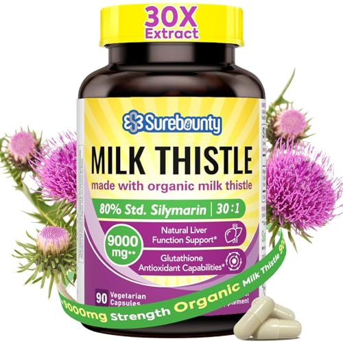 Surebounty Organic Milk Thistle, Concentrated Seed Extract, 80% Silymarin, Liver Support Cleanse Detox, Fatty Liver Supplements, Non-GMO, No Gluten & Soy, 90 Veggie Caps, 3 Month Supply