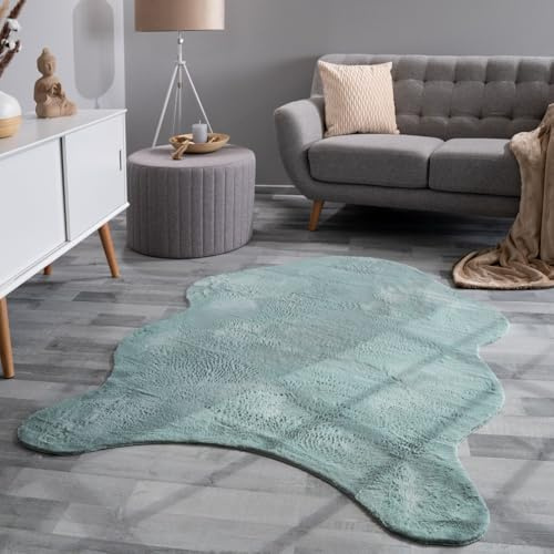 TT Home Wohnzimmer Teppich Unifarben Flauschig Modern Kunstfell Kurzflor, Farbe: Türkis, Größe:60x90 cm Fell-Form