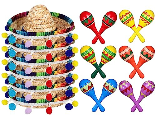 Honoson 12 Pcs Wooden Fiesta Maracas 6 Cinco De Mayo Mini Sombrero Top Hat for Sombrero Mexican Party Decor(18 Pcs,Fresh Style)