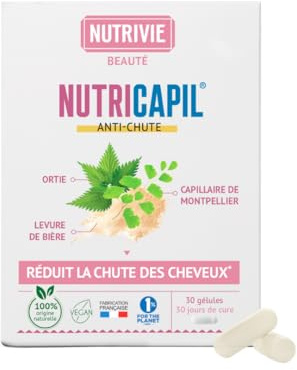 NutriCapil Anti-Chute – 100% d’origine naturelle - Réduit la chute des cheveux – Levure de bière, Ortie piquante & Capillaire de Montpellier – Fabriqué en France – Nutrivie