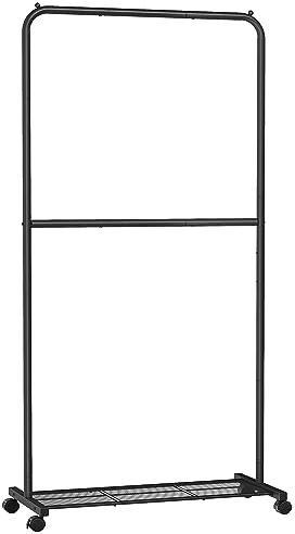 SONGMICS Perchero Burro, Burro de Ropa con 2 Barras, Marco de Metal, Barra Colgante de 91 cm de Ancho, con Estante, 2 Ruedas Bloqueables, Cada Barra Soporta hasta 20 kg, Negro HSR027B01