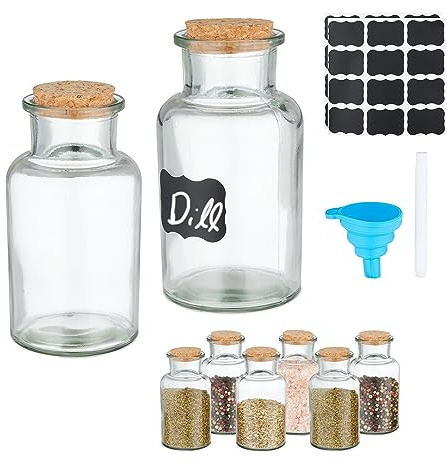 Relaxdays Kryddburkar set om 8, korklock, kryddburkar glas, 250 ml, inklusive etiketter, penna och tratt, transparent, kork, silikon