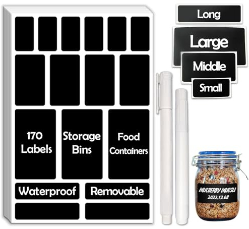JIEHENG 170Pcs Black Removable Labels for Jars,for Storage Bins,for Food Containers with 2 Liquid Chalk Marker(Black)