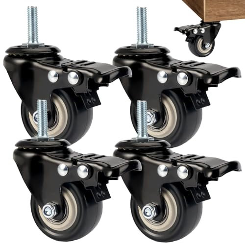 4 Piezas Ruedas para Muebles Pesados 50 mm, Ruedas con Freno, M8x25 mm Ruedas Giratorias de Goma, Ruedas Muebles Silencioso y Antideslizante, para Electrodomésticos y Muebles, Carga Útil 210 kg