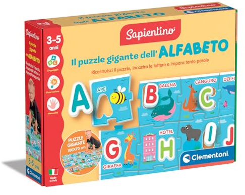 Clementoni Sapientino - Il Puzzle Gigante dell'Alfabeto, Gioco Educativo Bambini 3-5 Anni, Puzzle 100x70 cm con Tessere per Imparare Lettere e Parole, Made in Italy, Lingua Italiana, 16858