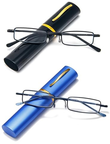 Hubeye 2 Pairs Slim Portable Reading Glasses for Men Women Metal Pocket Readers Glasses Lightweight Compact Blue Light Blocking Glasses in Tube Case 1.50