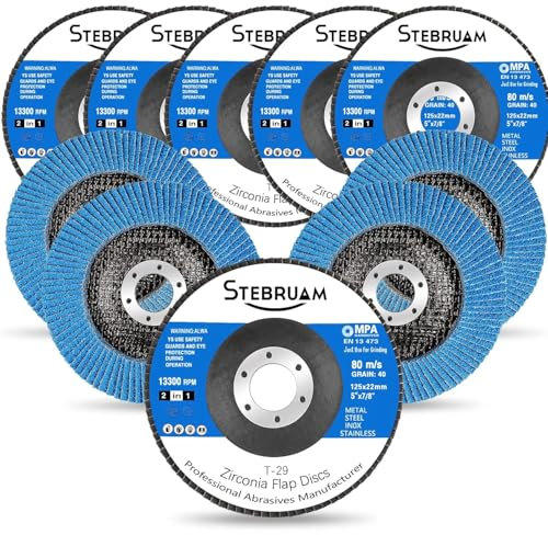 STEBRUAM 10 Pack 125mm Flap Discs,Professioanl T29 Zirconia Grinding Disc 40 60 80 120 Grit for Sanding Metal Stainless Steel Wood