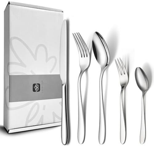 EIUBUIE Besteck Set 12 Personen, 60-teiliges Edelstahl Besteckset, Elegantes Essbesteck mit Messer Gabel Löffel, Tafelbesteck Set für Haus/Küche/Restaurant, Hochglanzpoliert, Spülmaschinenfest