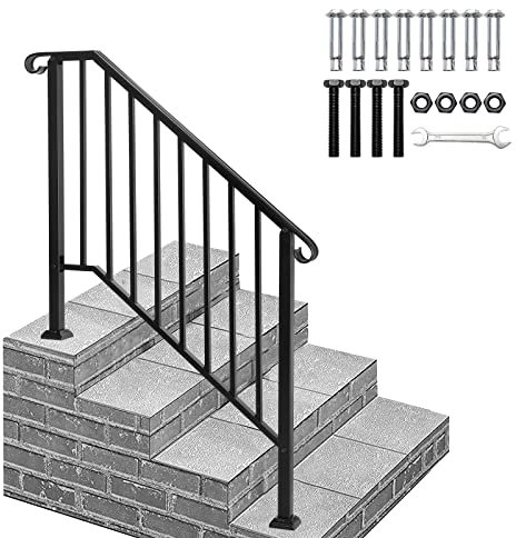 Bonnlo Outdoor Handrail for Stairs Fit 3 Steps, Hand Rails Outside Steps with Installation Kit, Galvanized Iron Handrail for Garden