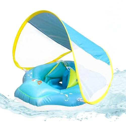 ACTOYS Piscina Bebe, Flotador Bebe con Sombrilla, Flotadores Piscina, Flotador Bebe, Flotador de Bebe Inflable, Anillo de Natación para Bebé, Juguetes Piscina y Baño 3 a 36 Meses (Azul, L)