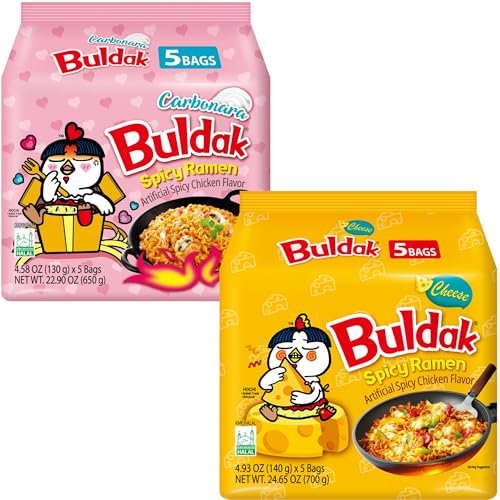 Buldak Noodles Carbonara and Cheese Chicken Flavor Ramen 10 Pack (Pack 5 Each Flavour) - Ramen Instant Noodles Excellent for Snack and Soups