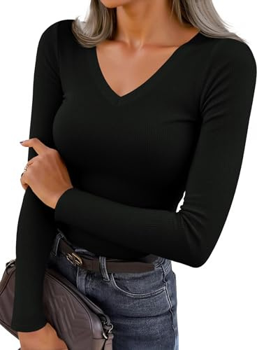Fisoew Maglietta a Maniche Lunghe da Donna Top Sexy con Scollo a V Maniche Lunghe Magliette a Costine Tinta Unita Top Slim Fit