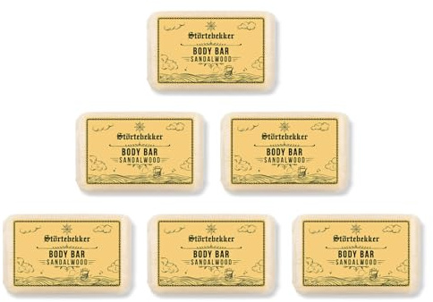 Störtebekker® Premium Body Bar Lot de 6 gels douche solides pour homme et femme au bois de santal, nettoyage naturel, parfum magnifique, fait à la main et sans additifs (6 x 120 g)