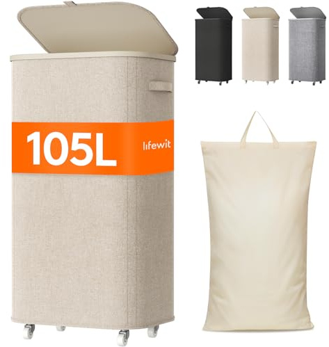 Lifewit Cesto Porta Biancheria Sporca con Coperchio e Ruote, Portabiancheria Pieghevole con Sacco Rimovibile, Laundry Basket per Camera da Letto, Bagno e Lavanderia, 105L, Beige