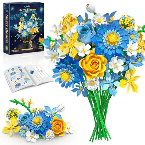 Ensemble de Construction de Bouquet de Fleurs Starry Blooms - Compatible avec Les Fleurs Lego, Arrangement Dahlia et Roses pour Décor de la Chambre et de la Maison