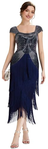 Ever-Pretty Women's Beaded Fringe Cocktail Dress Square Neck Midi 1920s Dress for Formal Art Party Events Navy Blue 20UK