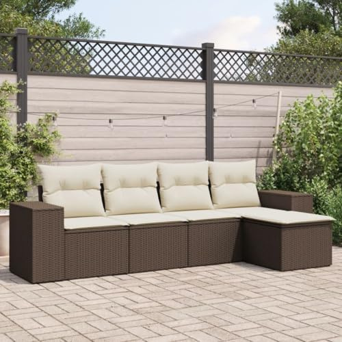Frdhee Juego de muebles de balcón para terraza, juego de 5 piezas, sofá de jardín con cojín de ratán sintético marrón, grupo de asientos para balcón, terraza, embalaje compacto y fácil montaje