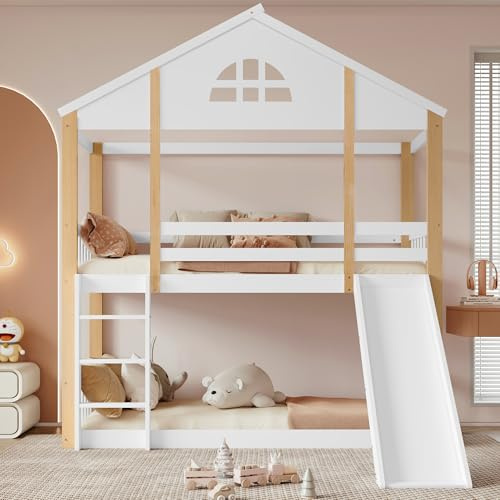 Lit Superposé 90x200 avec Toboggan, Lit Cabane Superposé avec Fenêtres et Échelle À Trois Marches Inclinée, Cadre de Lit en Bois Massif Blanc et Naturel