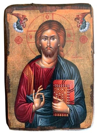 Icona di Gesù Cristo in legno, greca cristiano ortodossa, fatto a mano / a0
