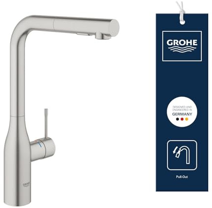 Grohe Essence - Grifo de cocina, caño alto giratorio, teleducha extraíble con dos chorros, color supersteel Ref. 30270DC0