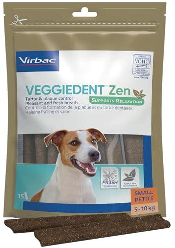 Virbac VeggieDent Zen S - Snack Dental Relajante Perros Pequeños (5-10 kg) | Snack dental que ayuda a reducir el estrés y combate el sarro y el mal aliento; para razas pequeñas; 15 unidades