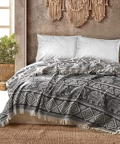BOHORIA® Premium Tagesdecke 220x240 cm Bali | 100% Baumwolle | Oeko-Tex® | Bettüberwurf Wohndecke Wendedecke Sofadecke mit Muster | extra-groß 220 x 240 cm (Elephant)