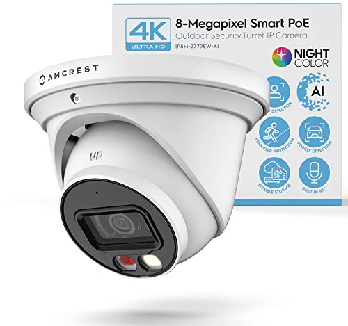 Amcrest UltraHD 4K (8MP) IP PoE AI Camera, 49ft Nightcolor, Security Outdoor Turret Camera, Built-in Microphone, Human Detection, Active Deterrent, 129° FOV, 4K@15fps IP8M-2779EW-AI (White)