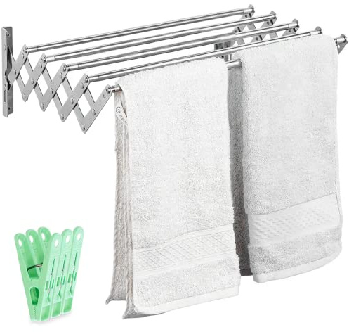 JUPPLIES Tendedero Extensible Pared 100 cm - Tendedero Plegable de Pared de Interior o Exterior Apto para Todo Tipo de Ropa con 5 Barras de Secado - Pinzas Incluidas