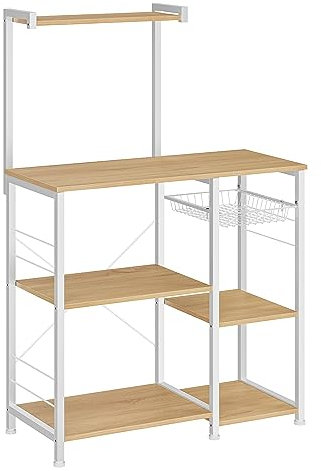 VASAGLE Estantería de Cocina, Soporte para Microondas, Cesta de Alambre, 6 Ganchos, para Especias, Ollas y Sartenes, 40 x 90 x 134 cm, Roble Dorado y Blanco KKS035W09